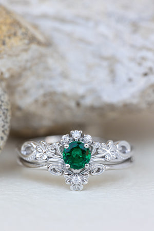 Lab emerald engagement ring set, white gold clover leaves bridal ring set / Horta - Eden Garden Jewelry™