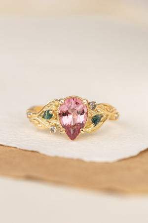 Pink spinel nature themed engagement ring with moss agates and salt and pepper diamonds / Patricia - Eden Garden Jewelry™