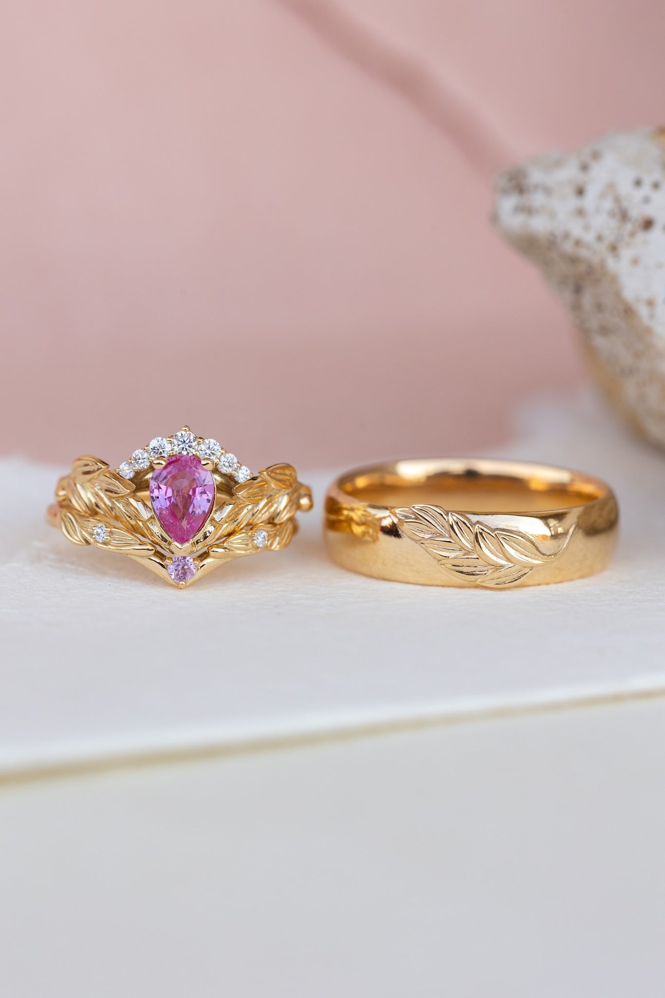 Wedding rings set for couple: palm leaf wedding band for him, Palmira crown ring set with natural pink sapphire for her - Eden Garden Jewelry™