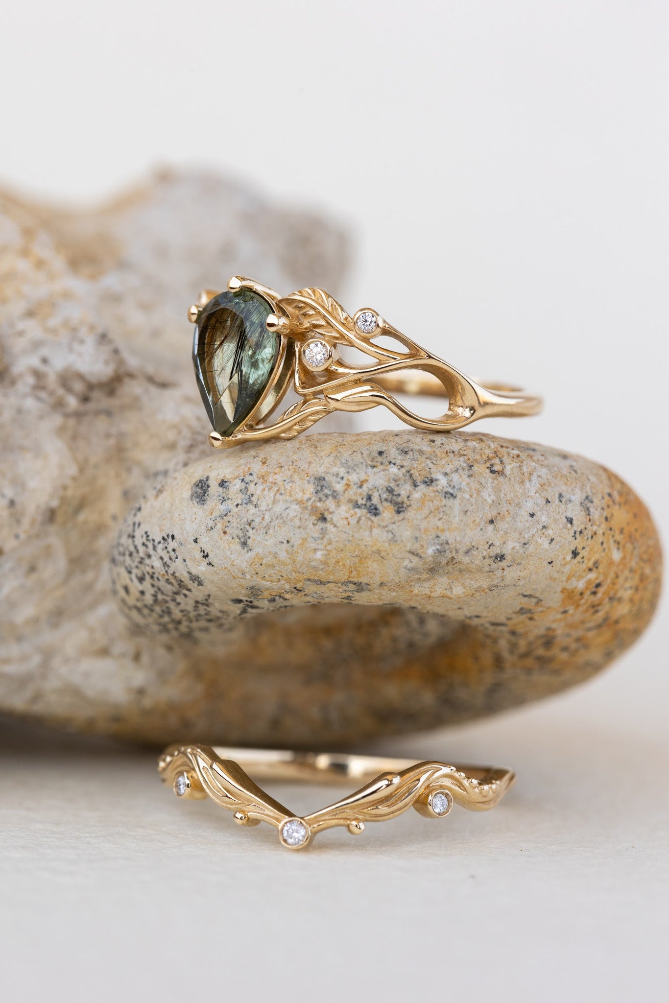 READY TO SHIP: Callisto bridal ring set in 14K yellow gold, unique rutile peridot and accent lab grown diamonds, RING SIZE 5 - 8 US