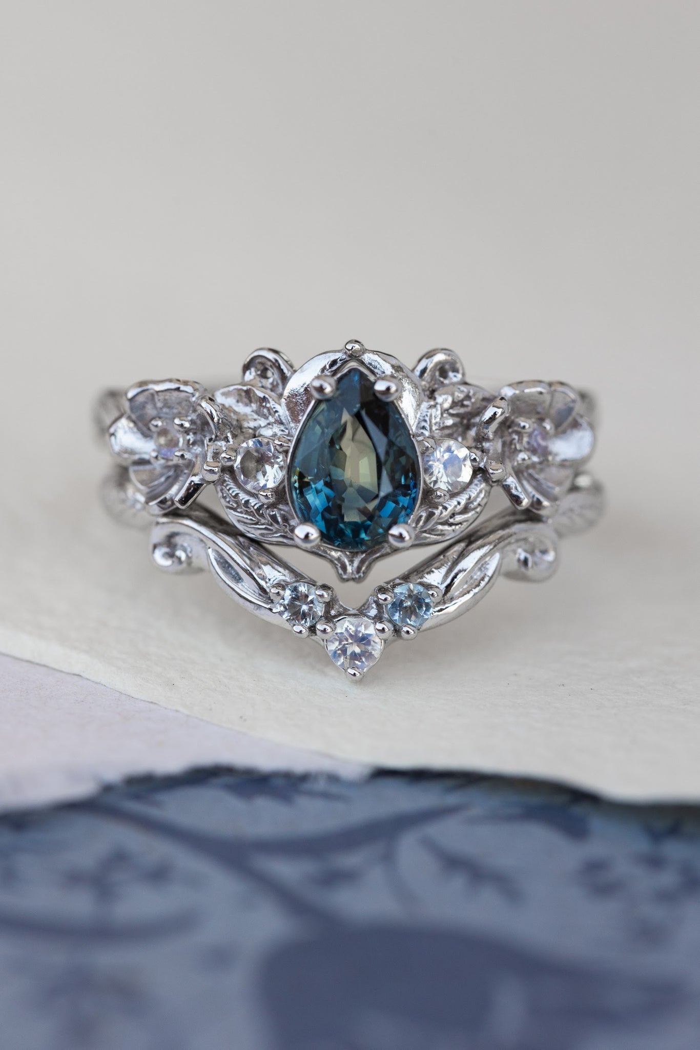 Teal sapphire and accent moonstones engagement ring, floral baroque style ring / Adelina - Eden Garden Jewelry™