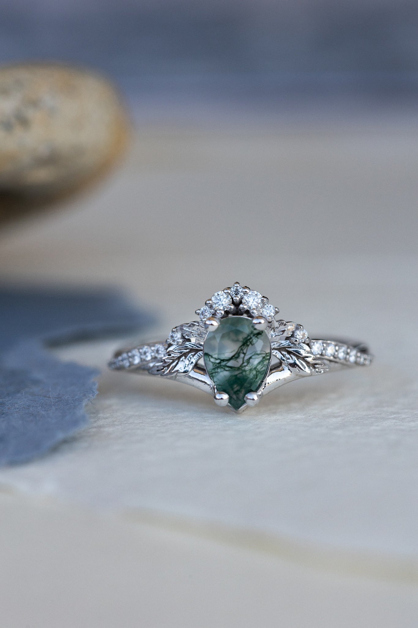 Rutile moss agate engagement ring, diamond crown proposal ring with moss agate / Amelia - Eden Garden Jewelry™