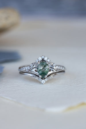 Rutile moss agate engagement ring, diamond crown proposal ring with moss agate / Amelia - Eden Garden Jewelry™