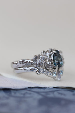 Teal sapphire and accent moonstones engagement ring, floral baroque style ring / Adelina - Eden Garden Jewelry™