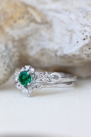 Lab emerald engagement ring set, white gold clover leaves bridal ring set / Horta - Eden Garden Jewelry™