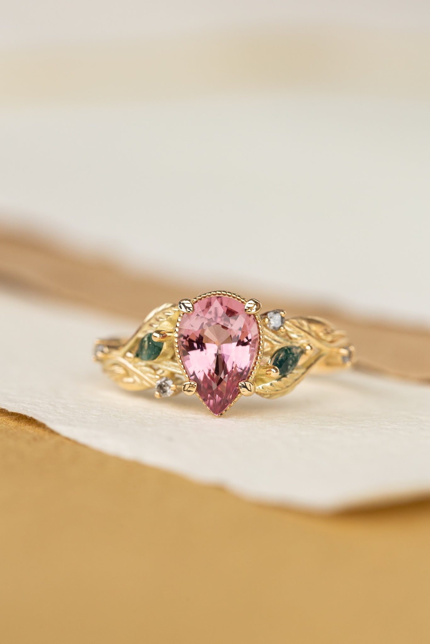 Pink spinel nature themed engagement ring with moss agates and salt and pepper diamonds / Patricia - Eden Garden Jewelry™