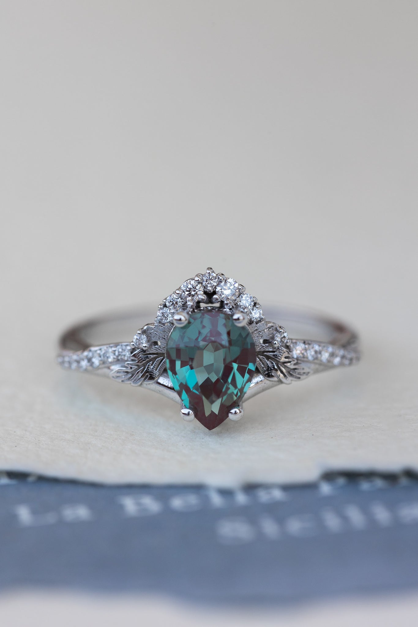 Pear lab alexandrite engagement ring, nature inspired proposal ring with accent diamonds / Amelia - Eden Garden Jewelry™