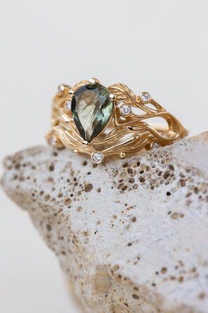 READY TO SHIP: Callisto bridal ring set in 14K yellow gold, unique rutile peridot and accent lab grown diamonds, RING SIZE 5 - 8 US