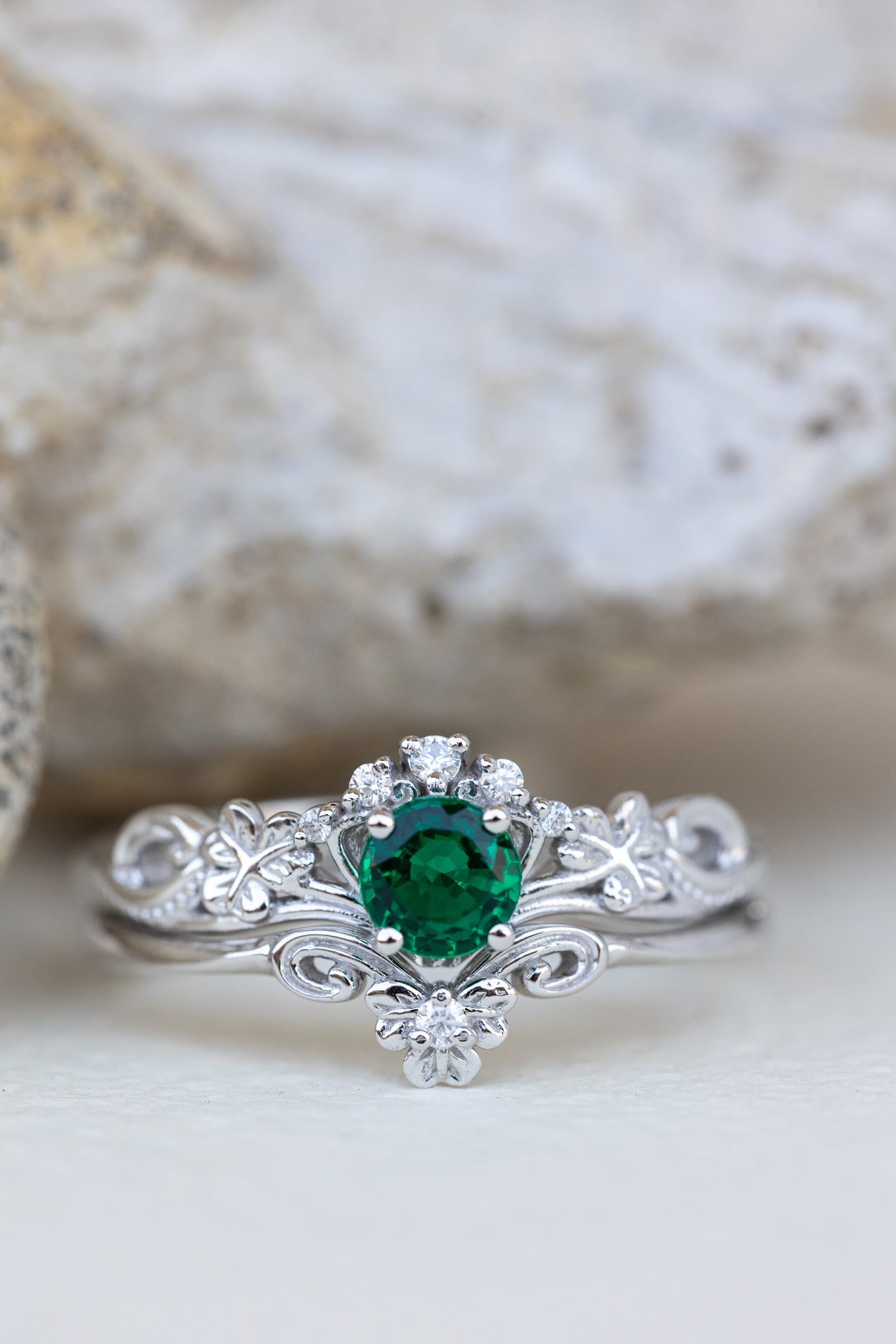 Lab emerald engagement ring set, white gold clover leaves bridal ring set / Horta - Eden Garden Jewelry™