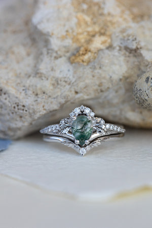 Rutile moss agate engagement ring, diamond crown proposal ring with moss agate / Amelia - Eden Garden Jewelry™