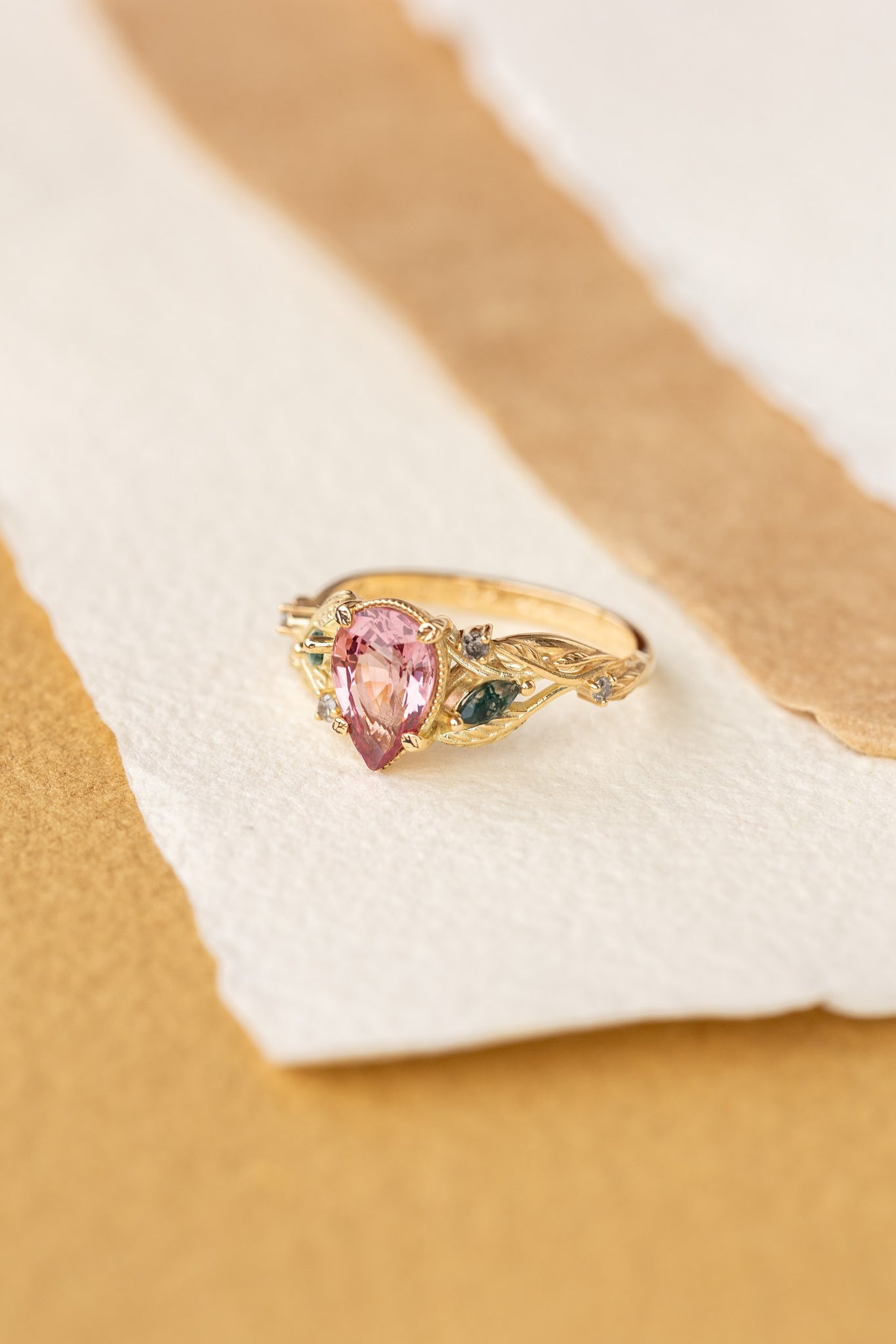 Pink spinel nature themed engagement ring with moss agates and salt and pepper diamonds / Patricia - Eden Garden Jewelry™