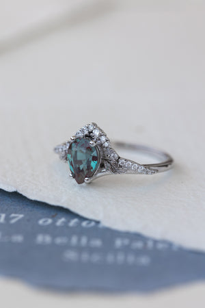 Pear lab alexandrite engagement ring, nature inspired proposal ring with accent diamonds / Amelia - Eden Garden Jewelry™