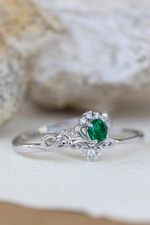 Lab emerald engagement ring set, white gold clover leaves bridal ring set / Horta - Eden Garden Jewelry™