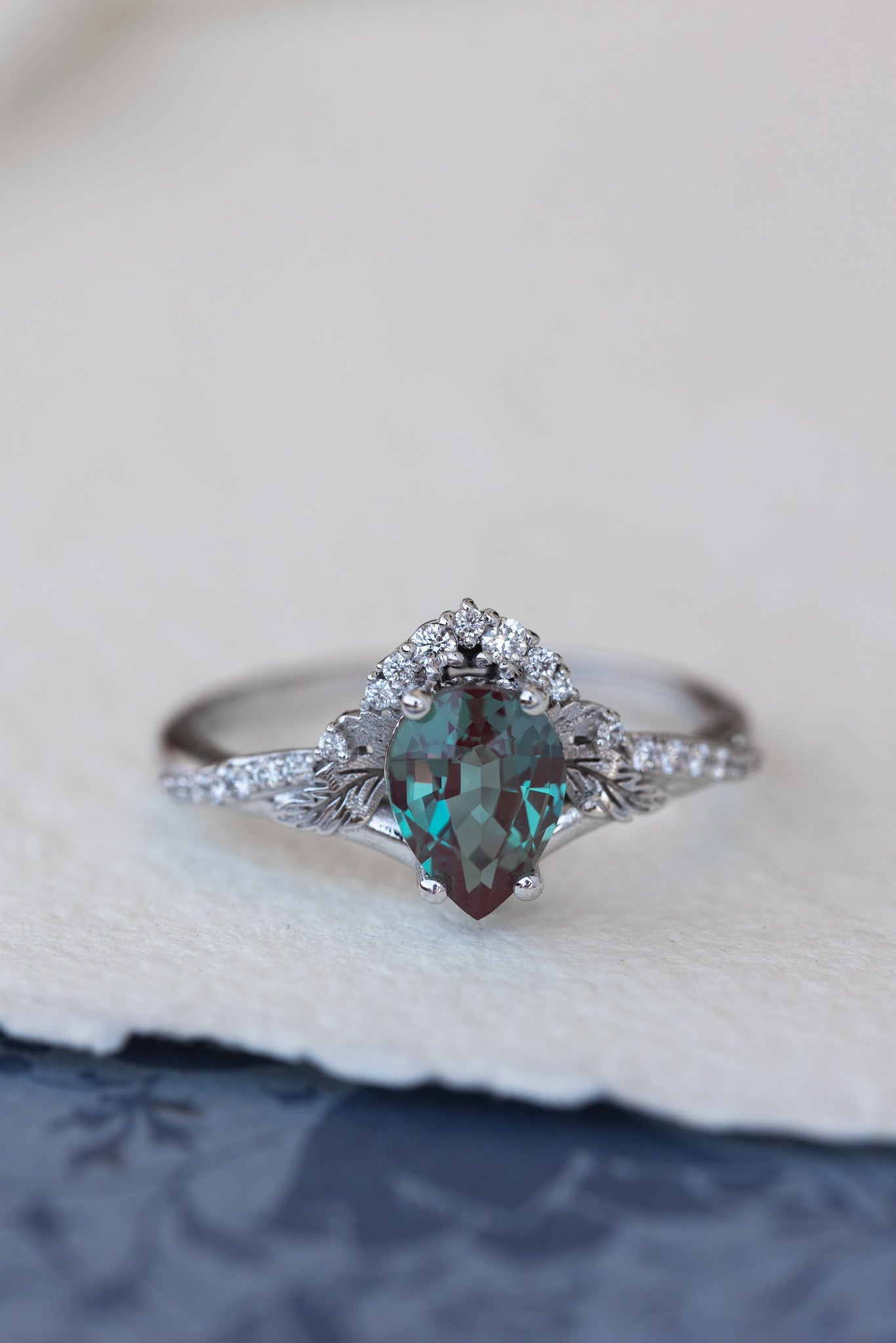 Pear lab alexandrite engagement ring, nature inspired proposal ring with accent diamonds / Amelia - Eden Garden Jewelry™