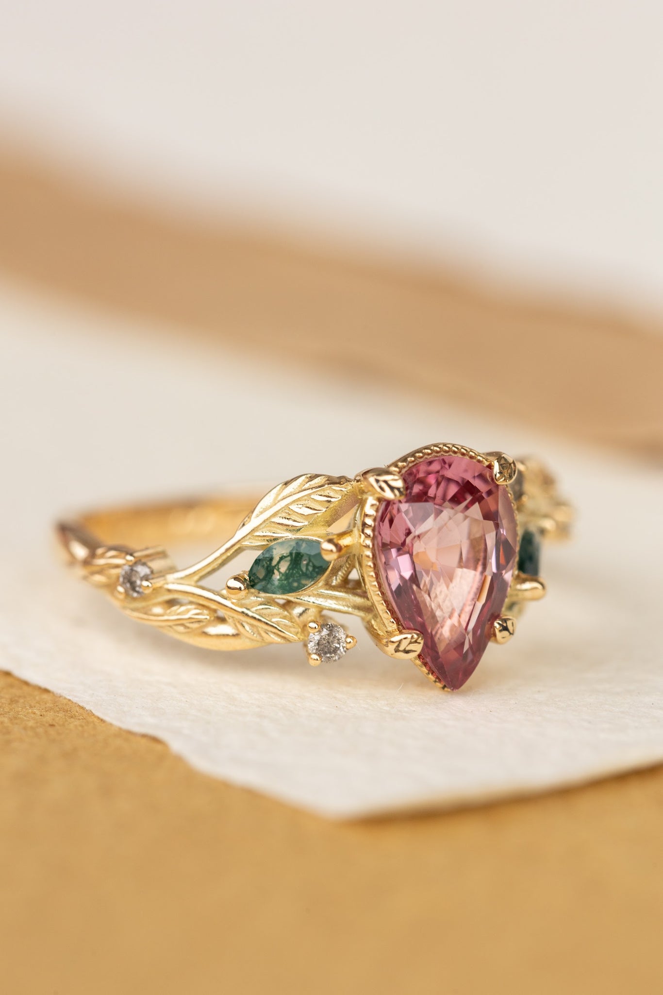 Pink spinel nature themed engagement ring with moss agates and salt and pepper diamonds / Patricia - Eden Garden Jewelry™