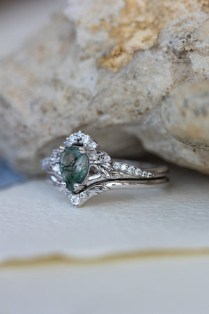 One of a kind moss agate bridal ring set, gold stacking engagement and wedding rings / Amelia - Eden Garden Jewelry™