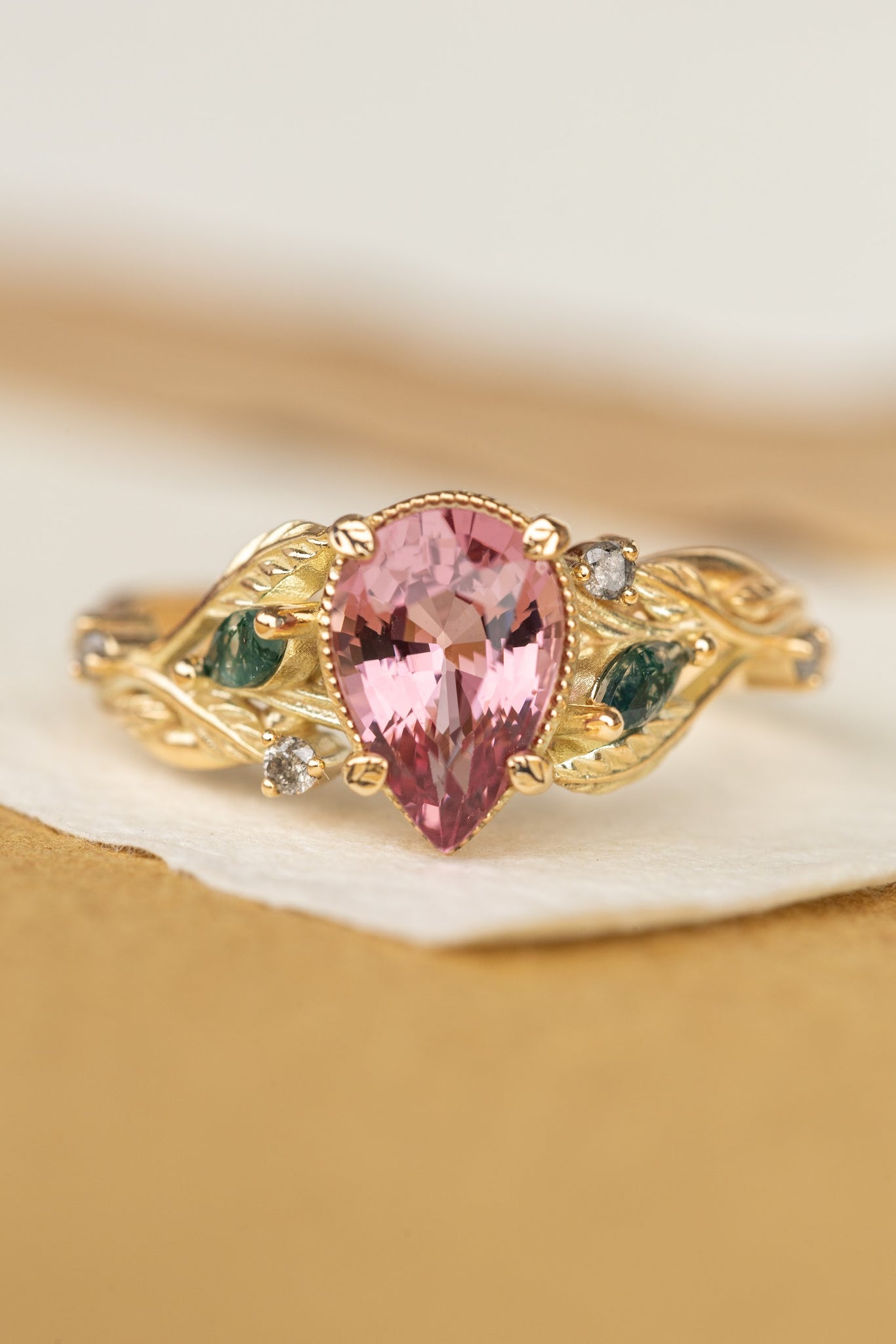 Pink spinel nature themed engagement ring with moss agates and salt and pepper diamonds / Patricia - Eden Garden Jewelry™