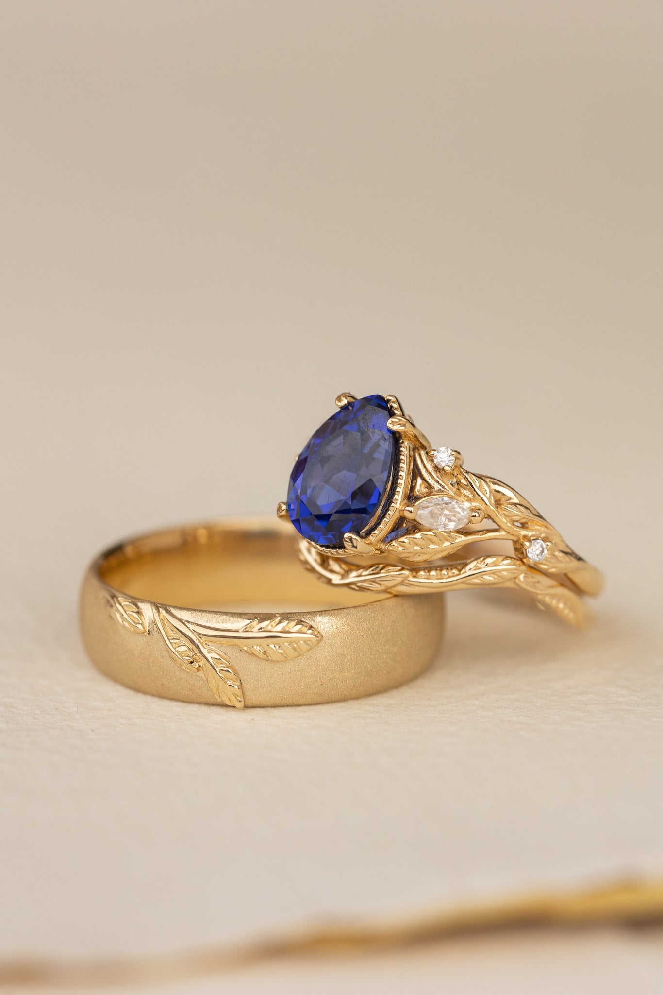 Wedding rings set for couple: satin wedding band for him, Patricia ring set with lab blue sapphire for her - Eden Garden Jewelry™