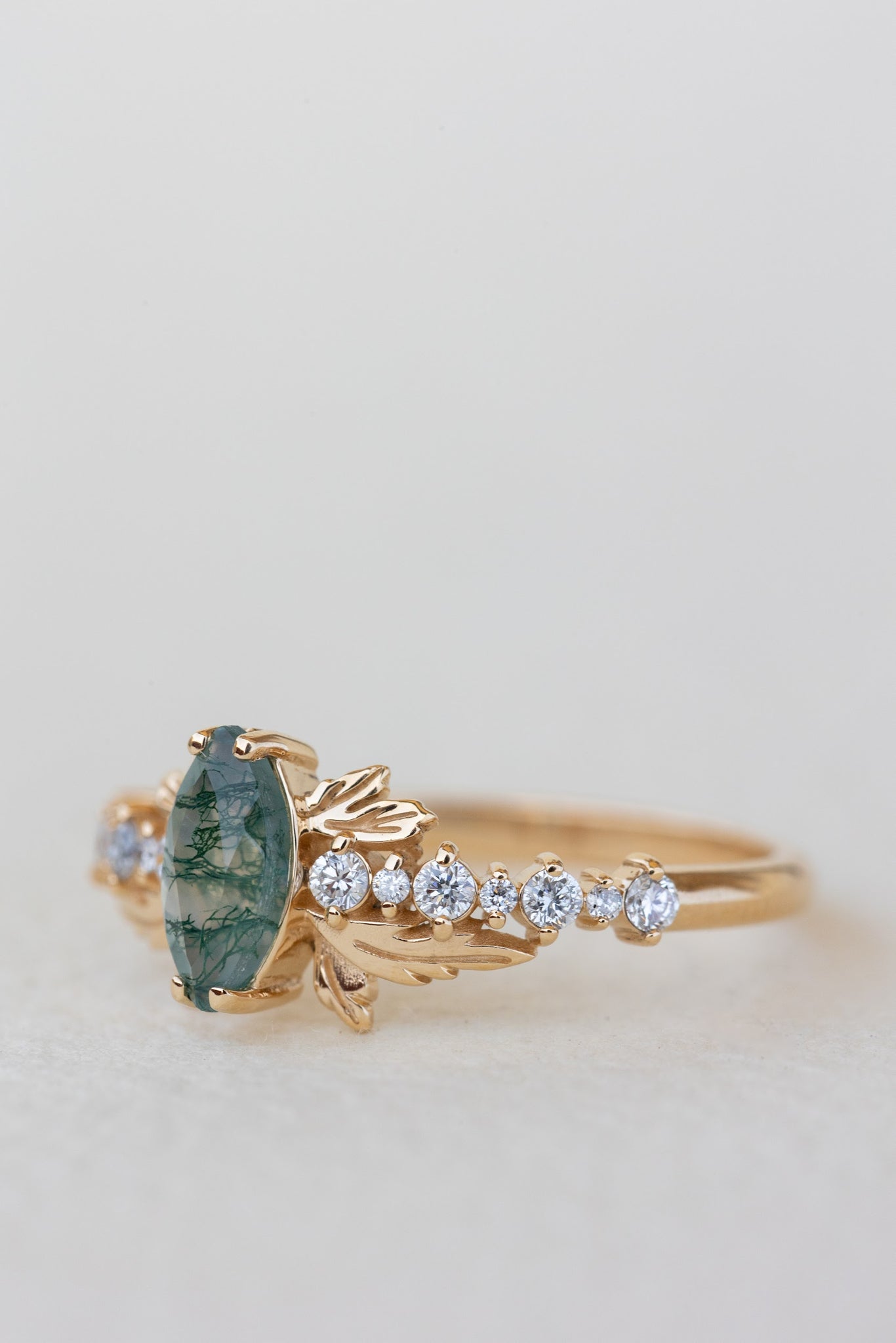 READY TO SHIP: Verbena ring in 18K yellow gold, natural moss agate marquise cut 8x4 mm, accents lab grown diamonds, RING SIZE: 5.5 - 8.5 US