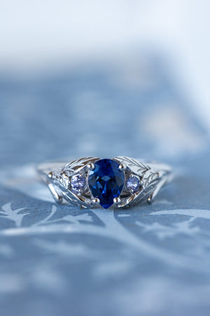 Ethical sapphire engagement ring, gold nature themed ring with side natural tanzanites / Wisteria - Eden Garden Jewelry™