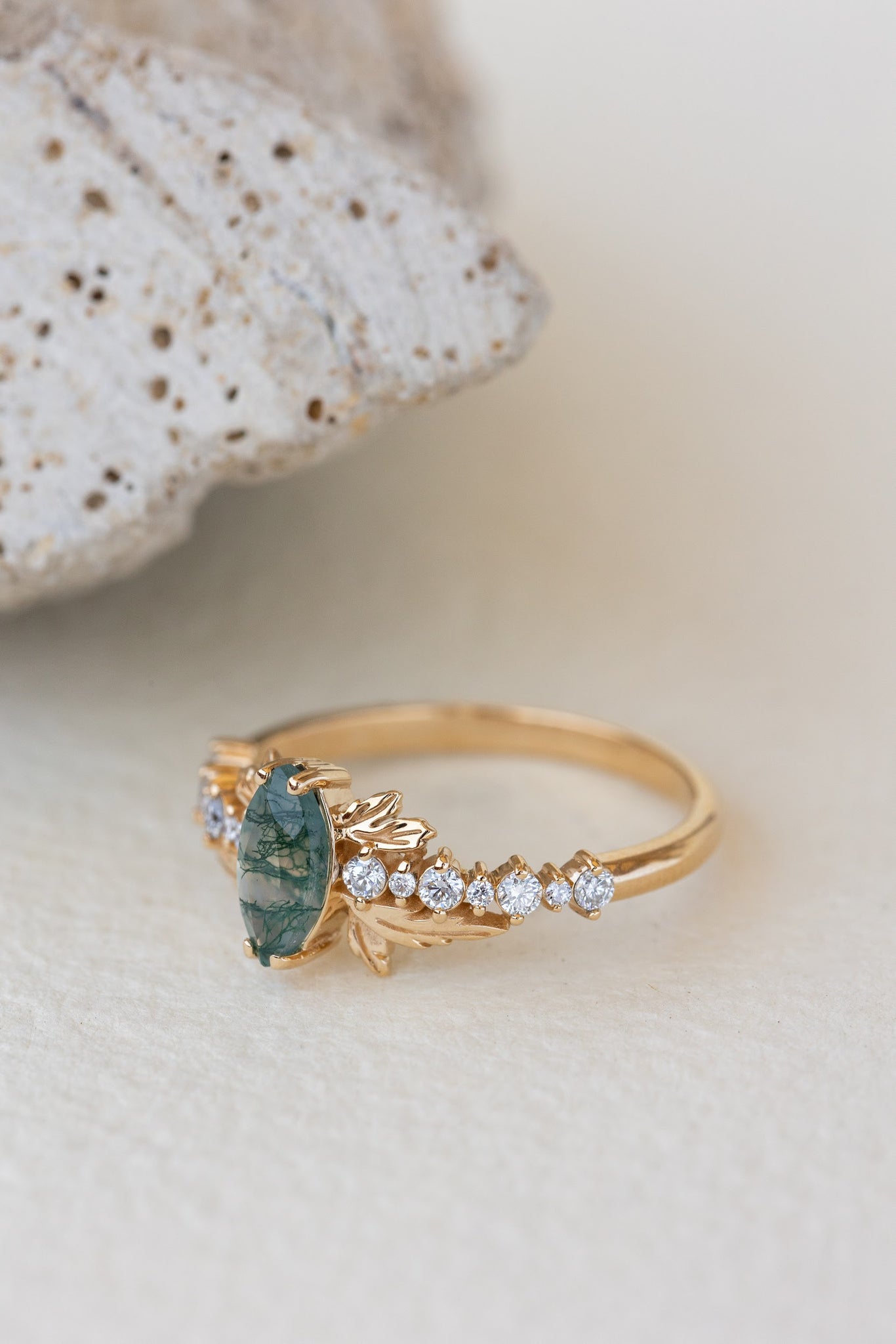 READY TO SHIP: Verbena ring in 18K yellow gold, natural moss agate marquise cut 8x4 mm, accents lab grown diamonds, RING SIZE: 5.5 - 8.5 US