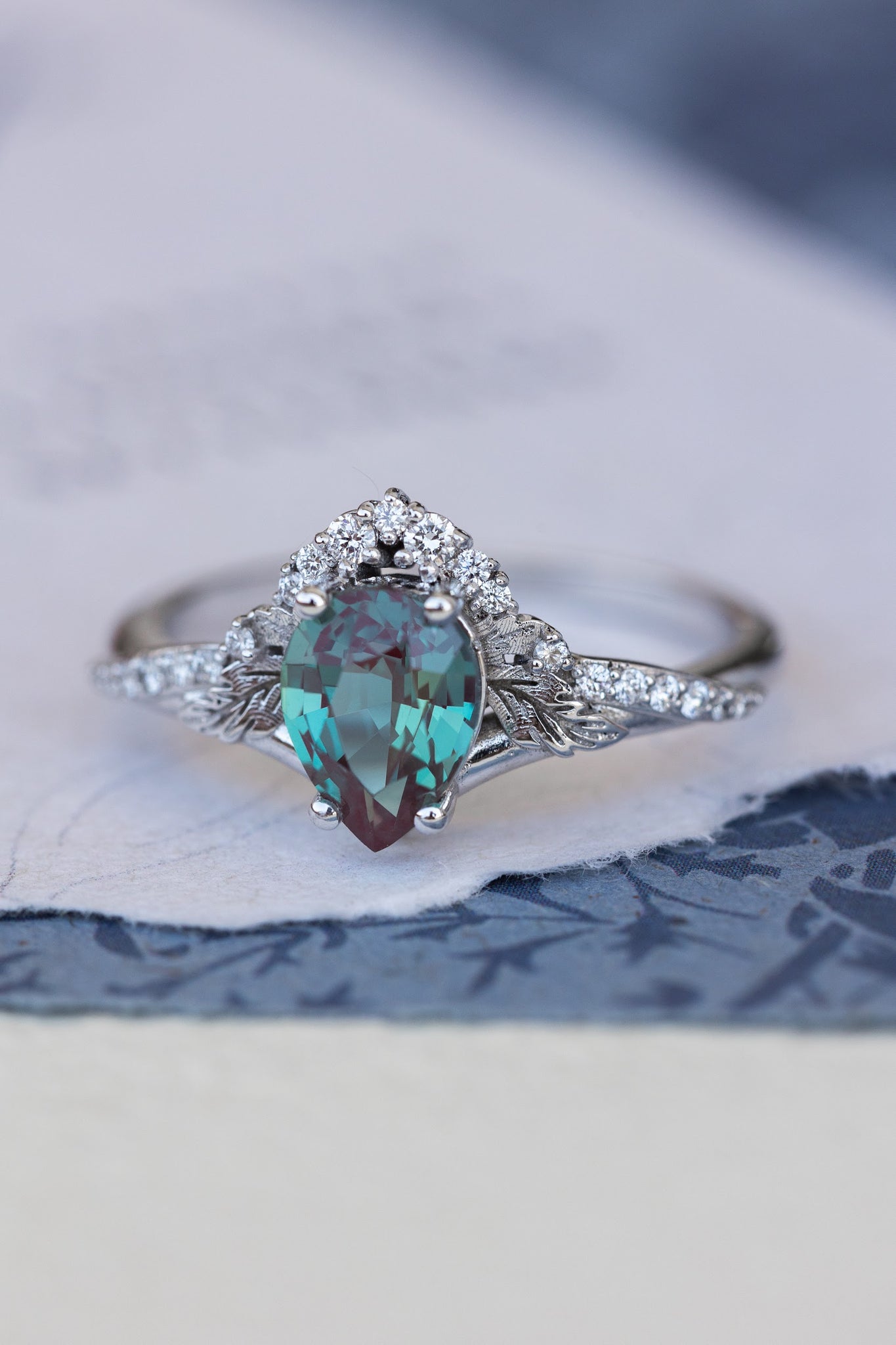 Pear lab alexandrite engagement ring, nature inspired proposal ring with accent diamonds / Amelia - Eden Garden Jewelry™