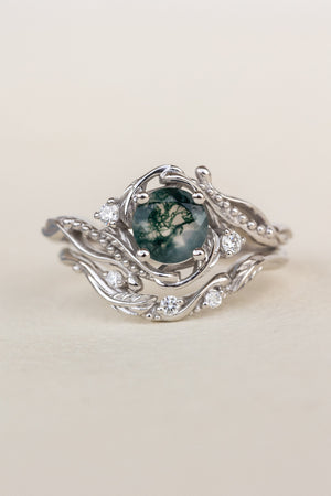 Natural moss agate engagement ring with accent diamonds, nature themed proposal gold ring with diamonds  / Undina - Eden Garden Jewelry™