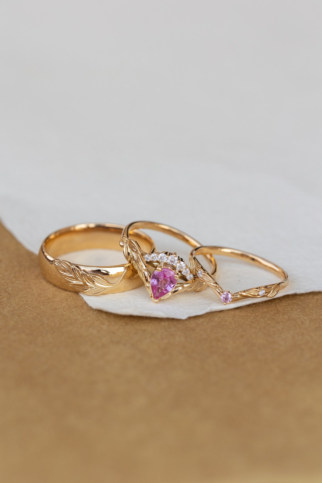 Genuine pink sapphire engagement ring set, gold palm leaves bridal ring set / Palmira Crown - Eden Garden Jewelry™