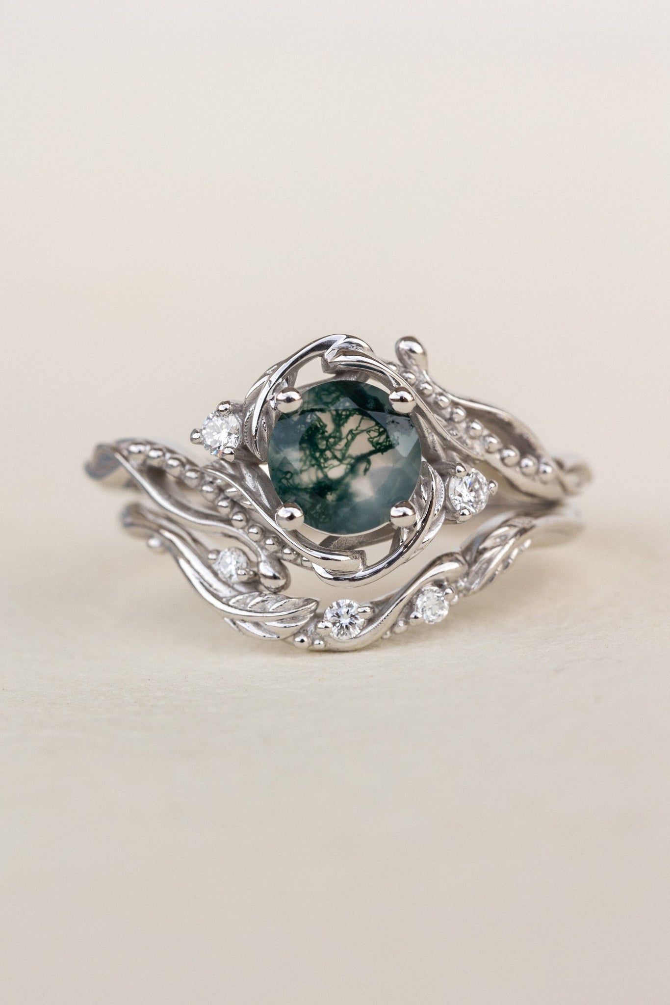 Bridal ring set in rose gold with natural round moss agate and accent diamonds / Undina - Eden Garden Jewelry™