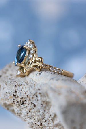 Natural blue sapphire engagement ring, baroque inspired gold ring with diamonds / Sophie - Eden Garden Jewelry™