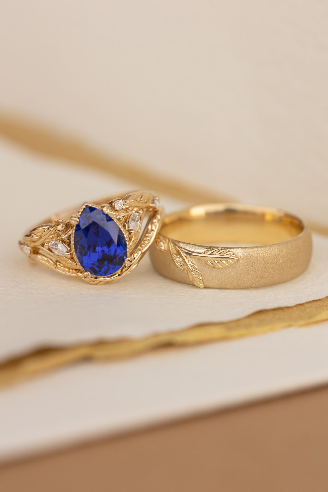 Wedding rings set for couple: satin wedding band for him, Patricia ring set with lab blue sapphire for her - Eden Garden Jewelry™