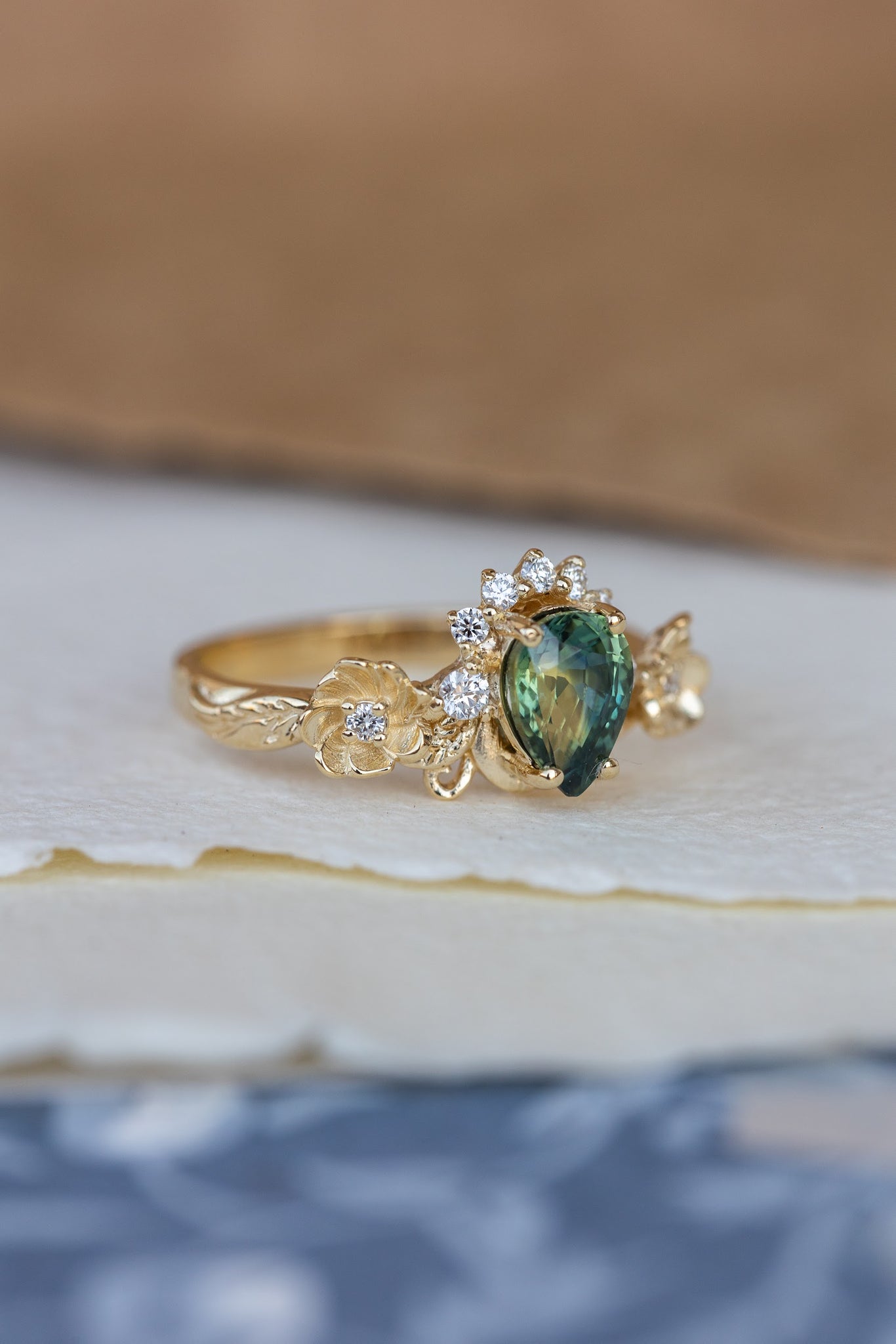 Green sapphire engagement ring with accent diamonds, flower style gold promise ring / Adelina - Eden Garden Jewelry™