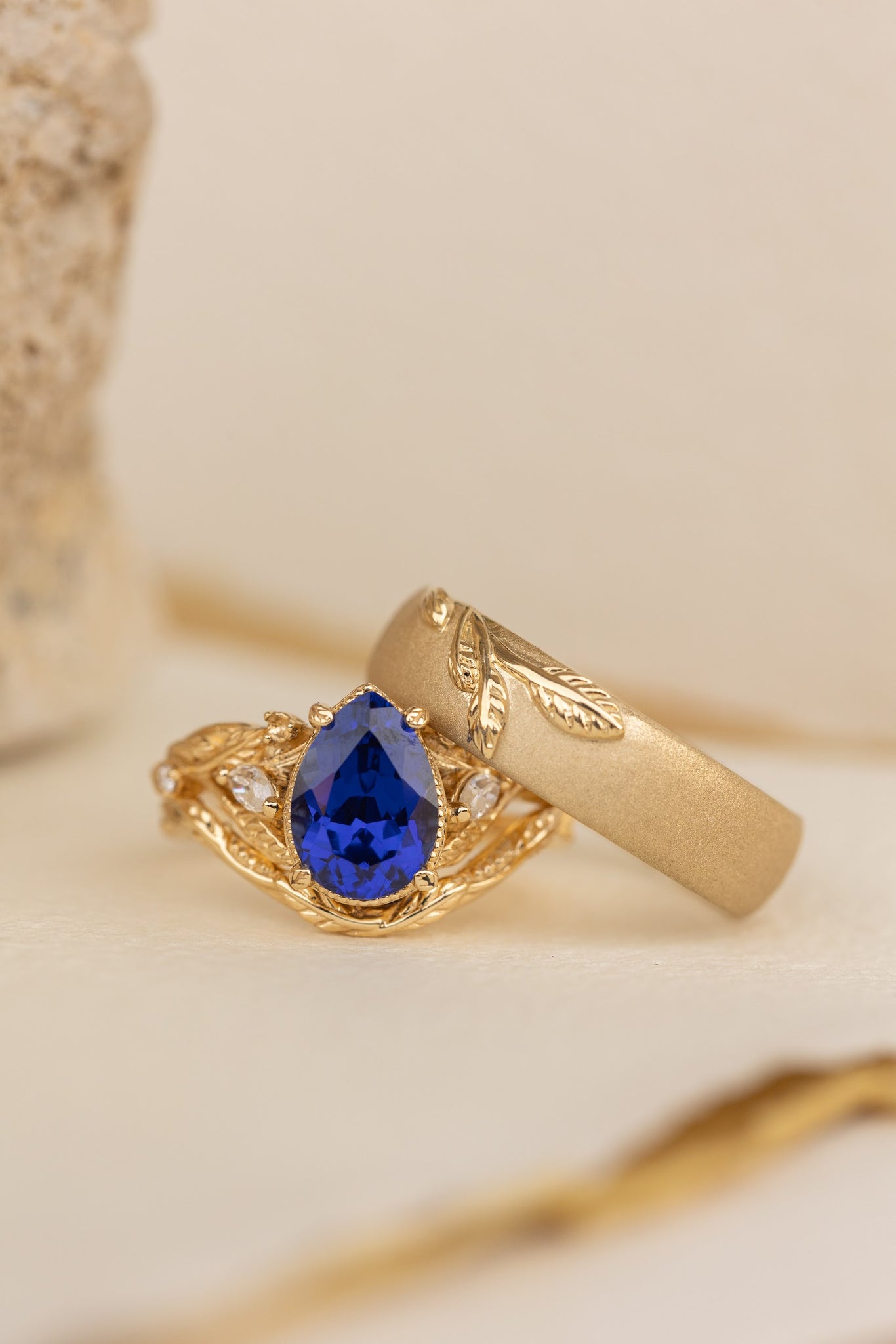 Wedding rings set for couple: satin wedding band for him, Patricia ring set with lab blue sapphire for her - Eden Garden Jewelry™