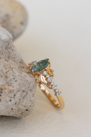 READY TO SHIP: Verbena ring in 18K yellow gold, natural moss agate marquise cut 8x4 mm, accents lab grown diamonds, RING SIZE: 5.5 - 8.5 US