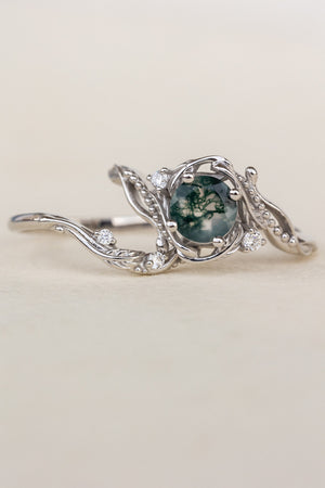 White gold bridal ring set with round moss agate and accent diamonds / Undina - Eden Garden Jewelry™