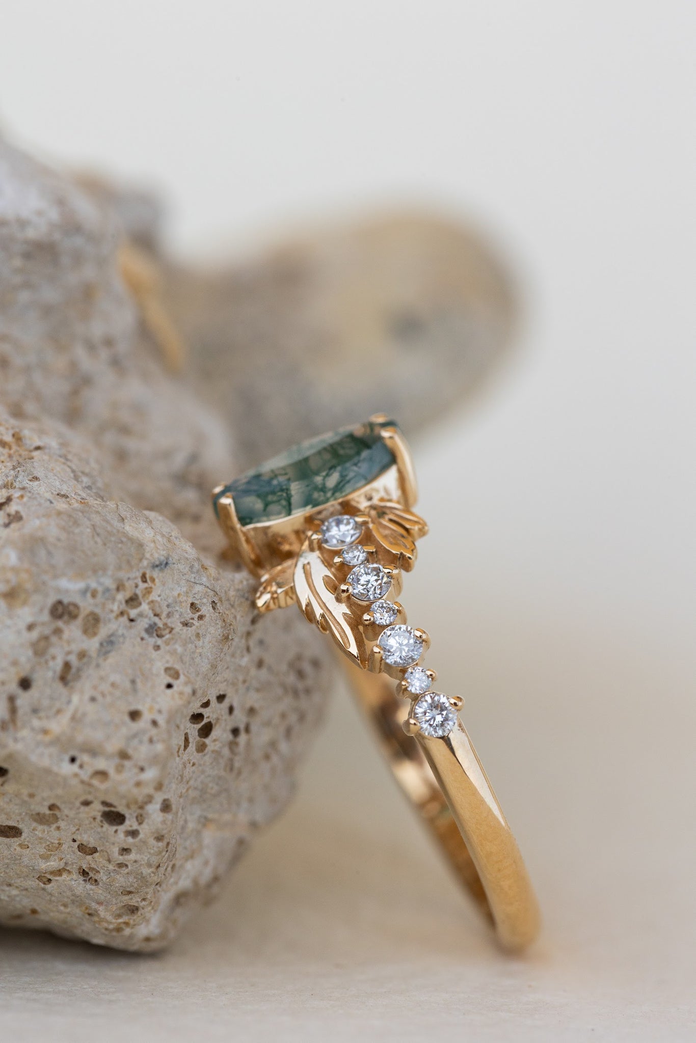 READY TO SHIP: Verbena ring in 18K yellow gold, natural moss agate marquise cut 8x4 mm, accents lab grown diamonds, RING SIZE: 5.5 - 8.5 US