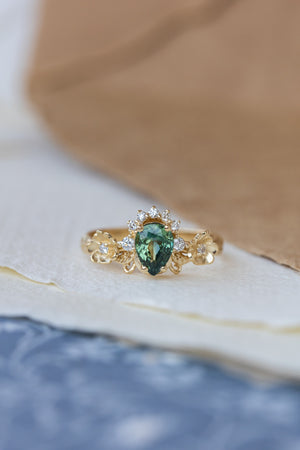 Green sapphire engagement ring with accent diamonds, flower style gold promise ring / Adelina - Eden Garden Jewelry™