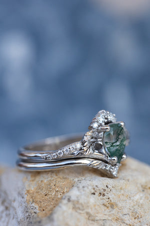 One of a kind moss agate bridal ring set, gold stacking engagement and wedding rings / Amelia - Eden Garden Jewelry™