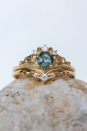 Round moss agate bridal ring set, diamond tiara rings / Ariadne - Eden Garden Jewelry™