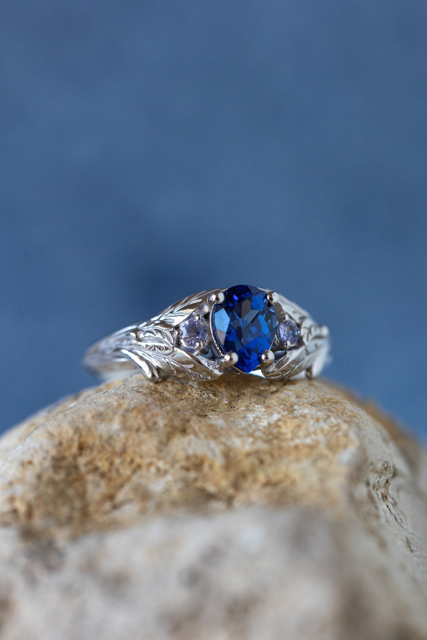 Ethical sapphire engagement ring, gold nature themed ring with side natural tanzanites / Wisteria - Eden Garden Jewelry™