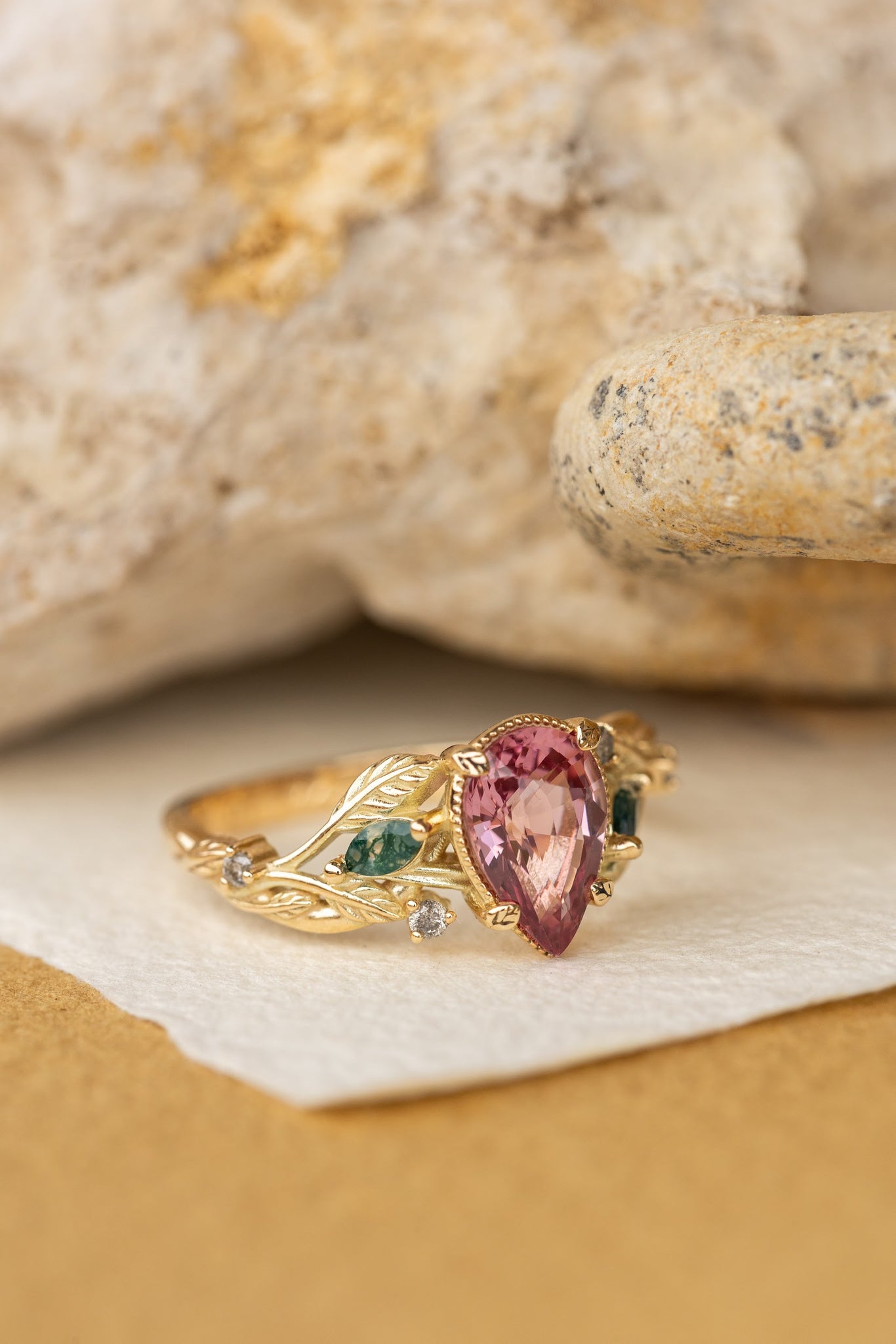 Pink spinel nature themed engagement ring with moss agates and salt and pepper diamonds / Patricia - Eden Garden Jewelry™