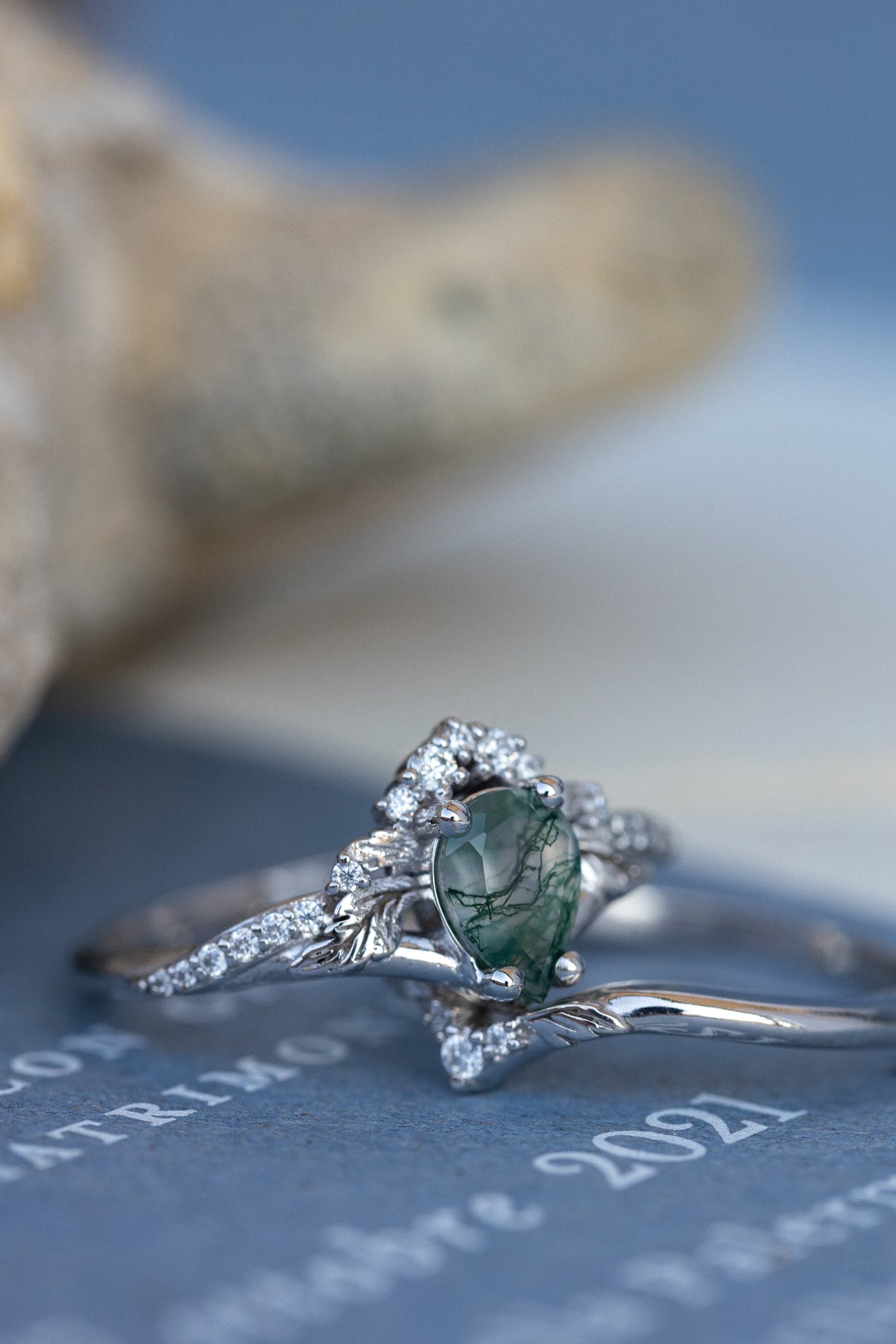 Rutile moss agate engagement ring, diamond crown proposal ring with moss agate / Amelia - Eden Garden Jewelry™