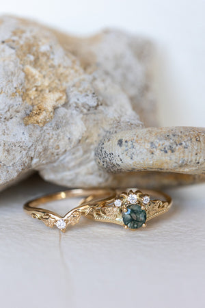 READY TO SHIP: Ariadne bridal ring set in 14K or 18K yellow gold, natural moss agate 5 mm, accents moissanites, AVAILABLE RING SIZES: 5-11US - Eden Garden Jewelry™