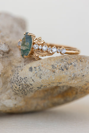 READY TO SHIP: Verbena ring in 18K yellow gold, natural moss agate marquise cut 8x4 mm, accents lab grown diamonds, RING SIZE: 5.5 - 8.5 US