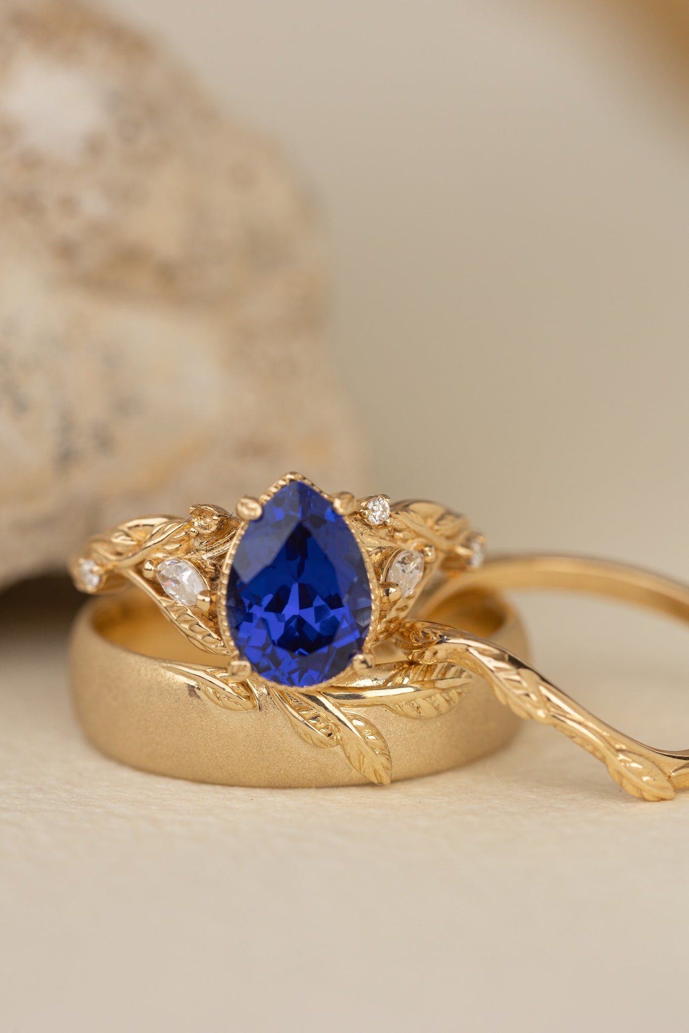 Wedding rings set for couple: satin wedding band for him, Patricia ring set with lab blue sapphire for her - Eden Garden Jewelry™