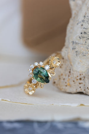 Green sapphire engagement ring with accent diamonds, flower style gold promise ring / Adelina - Eden Garden Jewelry™