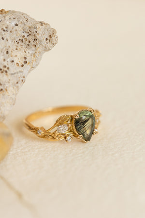 Patricia ring in 14K yellow gold, natural rutile peridot,  pear cut 8x6 mm - Eden Garden Jewelry™