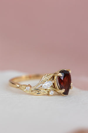 Garnet and diamonds engagement ring, gold branch proposal ring / Patricia - Eden Garden Jewelry™