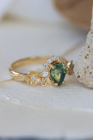 Green sapphire engagement ring with accent diamonds, flower style gold promise ring / Adelina - Eden Garden Jewelry™