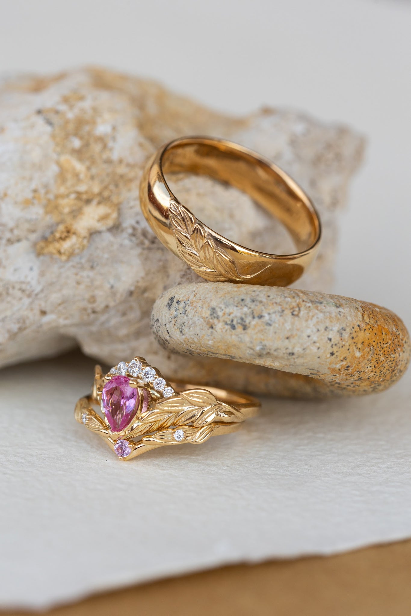 Pink sapphire and diamond crown engagement ring, rose gold leaves ring with diamonds / Palmira Crown - Eden Garden Jewelry™